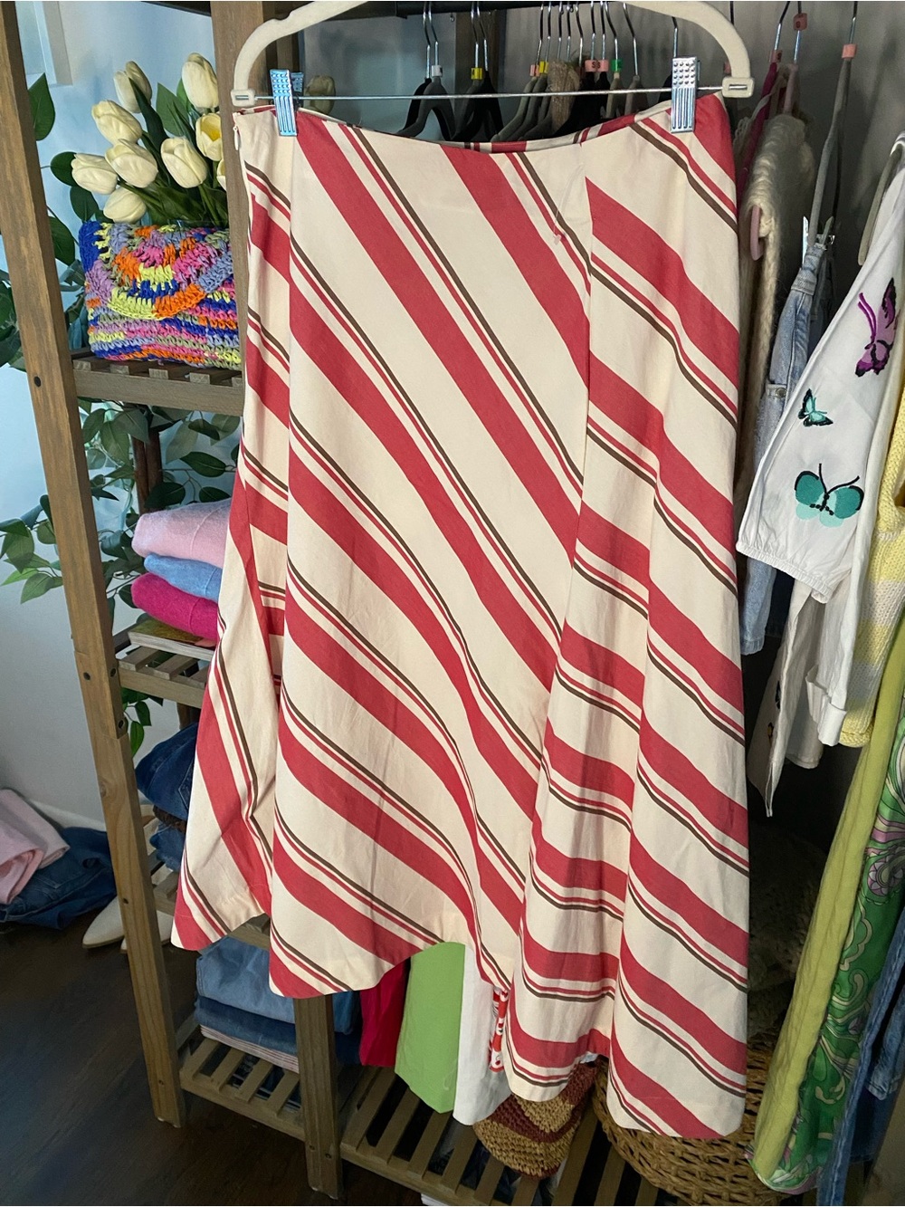 ZARA Cream Red Brown Diagonal Stripe A-Line Asymmetric Skirt! 🌺 - Picture 11 of 16
